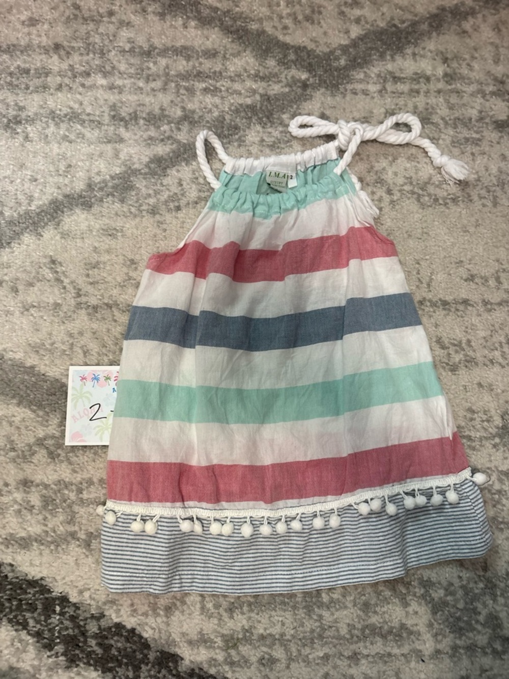 Striped Pom-Hem Rope-Shoulder Girls' Sundress in Mint, Pink & Blue size 2
